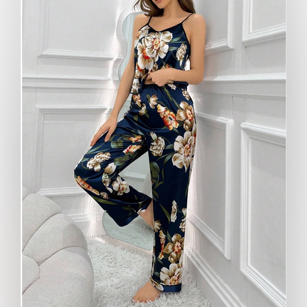 LAST ONE π₯ Navy Blue Floral Printed Satin Cami Top Pyjama Set - Picture 4 of 6